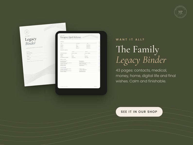 Puede incluir: Un conjunto de documentos digitales titulado The Family Legacy Binder, con una portada blanca y una tableta que muestra un formulario de Emergency Quick Reference. El texto incluye 43 p&aacute;ginas: contactos, m&eacute;dico, dinero, hogar, vida digital y &uacute;ltimas voluntades.