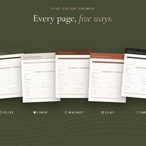Puede incluir: Cinco p&aacute;ginas impresas tituladas Emergency Quick Reference, cada una con un tema de color diferente: oliva, lino, nogal, arcilla y tinta. El texto Every page, five ways aparece sobre los documentos, con etiquetas de color.