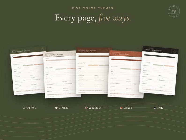 Puede incluir: Cinco p&aacute;ginas impresas tituladas Emergency Quick Reference, cada una con un tema de color diferente: oliva, lino, nogal, arcilla y tinta. El texto Every page, five ways aparece sobre los documentos, con etiquetas de color.