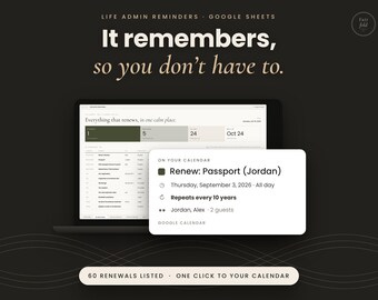 Renewal Reminder and Expiration Date Tracker | Life Admin Planner Google Sheets & Excel | Google Calendar Reminders | Household Organizer