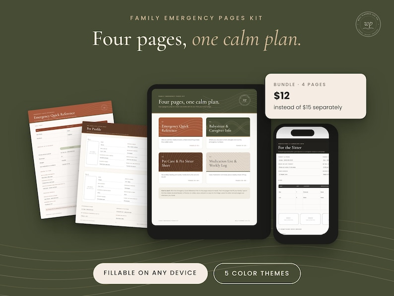 Puede incluir: Un kit de p&aacute;ginas de emergencia familiar con cuatro plantillas digitales en una tableta y un tel&eacute;fono, incluyendo referencia r&aacute;pida, perfil de mascota e informaci&oacute;n de cuidadores, con el texto Four pages, one calm plan visible.