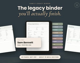 Puede incluir: Una plantilla digital de carpeta de legado familiar que incluye una página de referencia rápida de emergencia, una tarjeta de contacto para Sam Bennett y pestañas codificadas por colores para las secciones Personal, Contacts, Medical, Finances, Insurance, Home, Digital, Pets y Wishes.