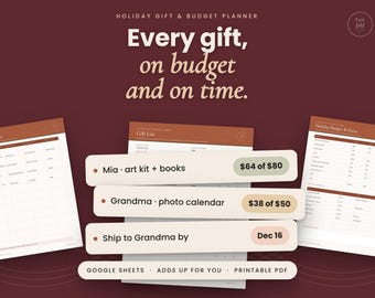 Kerstcadeaulijst in Google Sheets, budgetplanner voor de feestdagen, lijst met kerstkaarten, printbare cadeautracker