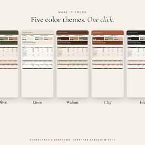 Five color themes for the co-parenting spreadsheet: Olive, Linen, Walnut, Clay and Ink