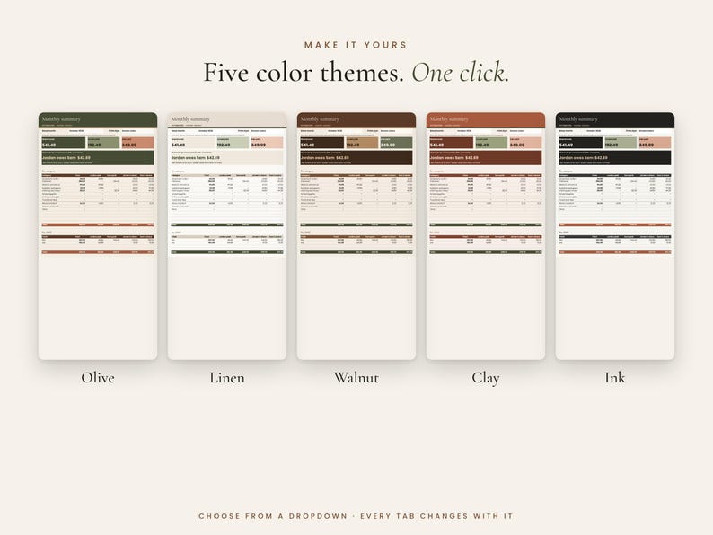 Five color themes for the co-parenting spreadsheet: Olive, Linen, Walnut, Clay and Ink
