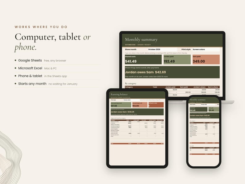 Co-parenting tracker shown on a laptop, tablet and phone