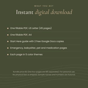 Puede incluir: Un gr&aacute;fico informativo de descarga digital en color verde oliva que enumera: un PDF rellenable tama&ntilde;o carta de 45 p&aacute;ginas, un PDF rellenable A4, una gu&iacute;a de inicio con 2 copias de Google Docs, y p&aacute;ginas para emergencias, ni&ntilde;era, mascotas y medicamentos.