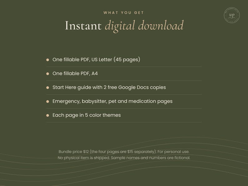 Puede incluir: Un gr&aacute;fico informativo de descarga digital en color verde oliva que enumera: un PDF rellenable tama&ntilde;o carta de 45 p&aacute;ginas, un PDF rellenable A4, una gu&iacute;a de inicio con 2 copias de Google Docs, y p&aacute;ginas para emergencias, ni&ntilde;era, mascotas y medicamentos.