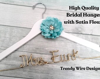 Custom Bridal Hanger with Satin Flower accent, Wedding Dress Hanger, Bride Hanger, Name Wedding Hanger, Mrs Hanger, Last name hanger