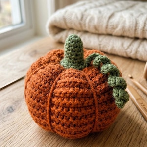 Può includere: Una zucca all'uncinetto in filato arancione brillante con un gambo verde e un viticcio verde arricciato. La zucca presenta una superficie testurizzata e a coste creata dai punti all'uncinetto, che mostra una costruzione artigianale.