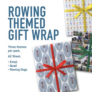 Puede incluir: Tres diseños diferentes de papel de regalo con temática de remo. Los diseños incluyen un patrón azul y blanco con botes de remo, un collage de fotos de perros remando y un fondo blanco con emojis relacionados con el remo. Cada diseño se muestra con una cinta atada alrededor.