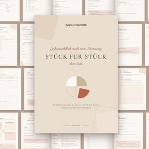 Puede incluir: Una portada de libro de ejercicios beige titulada planundkonfetti, Jahresrückblick nach einer Trennung, STÜCK FÜR STÜCK, Mein Jahr, con un gráfico circular en segmentos blancos, beige y terracota, rodeado por una cuadrícula de páginas interiores.