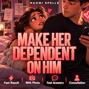 May include: Digital illustration featuring a couple with the text NAOMI SPELLS and MAKE HER DEPENDENT ON HIM. Below are icons with the text Fast Result, With Photo, Fast Answers, and Consultation. The background shows a bedroom with photos.