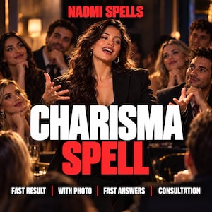 May include: A promotional graphic featuring the text NAOMI SPELLS, CHARISMA SPELL, FAST RESULT, WITH PHOTO, FAST ANSWERS, and CONSULTATION. The image shows a woman in a black blazer speaking to a group of people in a dimly lit room.