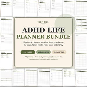 ADHD Life Planner Bundle | 16 Printables for Focus, Home, Health, Work, Study (311 Pages)