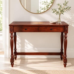 May include: A rectangular wooden console table with a rich brown finish, featuring two drawers with small dark knobs. The table has four turned, fluted legs and an oval inlay detail on the top surface. The design includes decorative oval carvings.