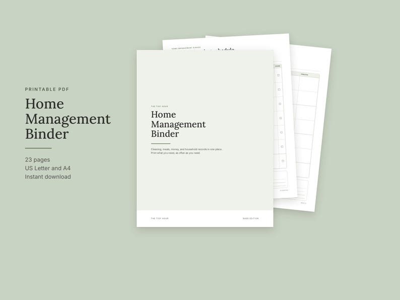 Puede incluir: Un archivador de gesti&oacute;n del hogar en formato PDF imprimible con una portada gris claro y texto en negro. El documento incluye 23 p&aacute;ginas en tama&ntilde;os US Letter y A4, con p&aacute;ginas interiores que muestran cuadr&iacute;culas para organizar.