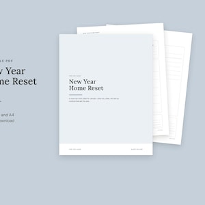 May include: A printable PDF New Year Home Reset Kit featuring nine pages in US Letter and A4 sizes. The document cover displays the text New Year Home Reset with a room-by-room guide for January to clear out, clean, and set up routines.