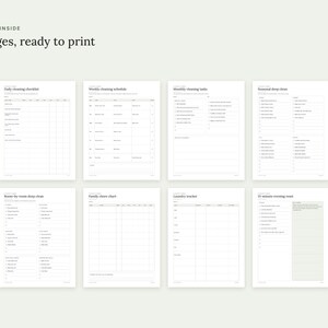 May include: A set of nine printable cleaning planner pages featuring black text on white backgrounds. The collection includes a daily cleaning checklist, weekly cleaning schedule, monthly cleaning tasks, seasonal deep-clean, room-by-room deep clean, family chore chart, laundry tracker, and a 15-minute evening reset.