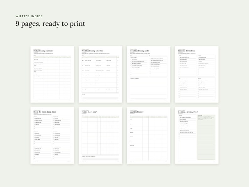 May include: A set of nine printable cleaning planner pages featuring black text on white backgrounds. The collection includes a daily cleaning checklist, weekly cleaning schedule, monthly cleaning tasks, seasonal deep-clean, room-by-room deep clean, family chore chart, laundry tracker, and a 15-minute evening reset.