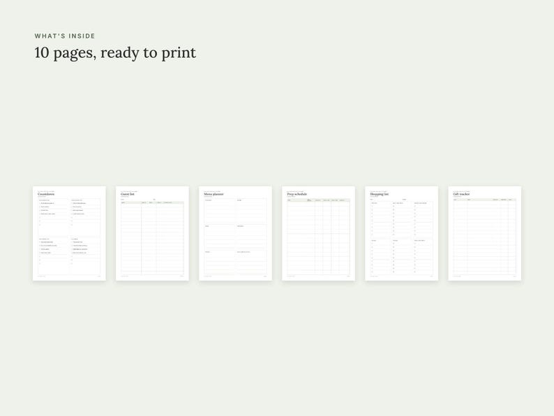 May include: A set of 10 printable planner pages with a clean white background and black text. The document includes headers such as What's Inside, Guest List, Menu Planner, Prep Schedule, Shopping List, and Gift Tracker with lined sections.