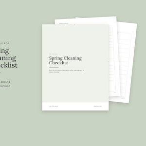 May include: A printable PDF Spring Cleaning Checklist featuring eight pages of organized tasks. The document includes a room-by-room guide, a four-week plan, and a cleaning checklist, presented in a clean, minimalist layout on white paper.