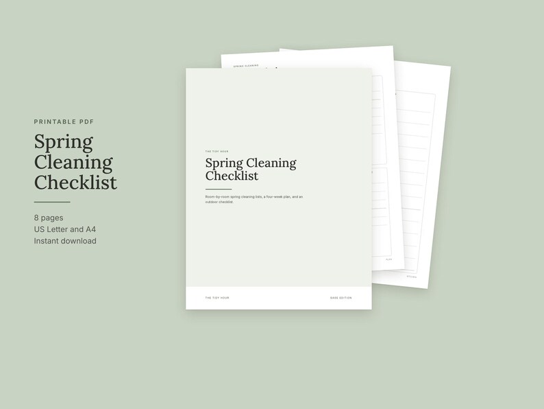 May include: A printable PDF Spring Cleaning Checklist featuring eight pages of organized tasks. The document includes a room-by-room guide, a four-week plan, and a cleaning checklist, presented in a clean, minimalist layout on white paper.