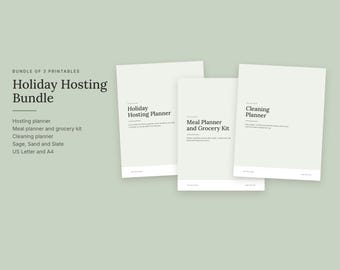 May include: A bundle of three printable planners titled Holiday Hosting Bundle, including a Holiday Hosting Planner, a Meal Planner and Grocery Kit, and a Cleaning Planner. The documents feature dark text on light backgrounds.