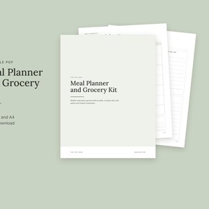 Puede incluir: Un kit de planificación de comidas y lista de la compra en PDF imprimible con ocho páginas de plantillas organizativas. La portada muestra el texto Meal Planner and Grocery Kit con un subtítulo que describe los planes de comidas semanales.