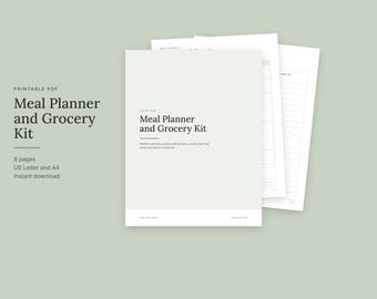 Meal Planner Printable Kit, Weekly Meal Plan and Grocery List by Aisle, Recipe Cards, Sage Green, Letter and A4 PDF