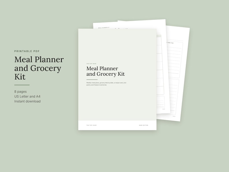 May include: A printable PDF meal planner and grocery kit featuring eight pages of organizational templates. The cover page displays the text Meal Planner and Grocery Kit with a subtitle describing weekly meal plans, grocery lists, and inventories.