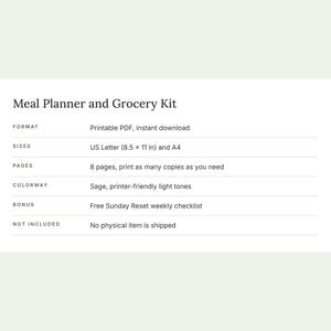May include: A digital Meal Planner and Grocery Kit information card. Text includes: Meal Planner and Grocery Kit, Format: Printable PDF, instant download, Sizes: US Letter (8.5 x 11 in) and A4, Pages: 8 pages, Colorway: Sage, light tones.