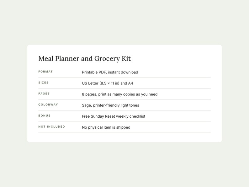 May include: A digital Meal Planner and Grocery Kit information card. Text includes: Meal Planner and Grocery Kit, Format: Printable PDF, instant download, Sizes: US Letter (8.5 x 11 in) and A4, Pages: 8 pages, Colorway: Sage, light tones.