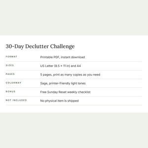 May include: A 30-Day Declutter Challenge printable PDF document. Details include format as printable PDF, sizes US Letter 8.5 x 11 inches and A4, 5 pages, sage printer-friendly light tones, and a bonus Sunday Reset weekly checklist.