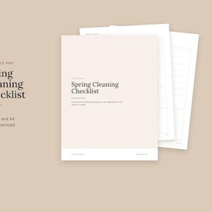 May include: A printable PDF Spring Cleaning Checklist featuring eight pages in US Letter and A4 sizes. The document has a light beige cover with dark text reading Spring Cleaning Checklist, room-by-room plans, and a four-week schedule.