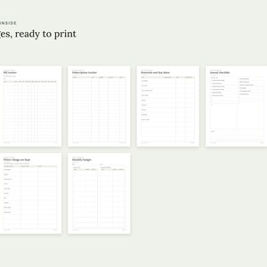 Może przedstawiać: Zestaw siedmiu stron do planera do druku z czarnym tekstem na białym papierze. Strony zawierają nagł&oacute;wki: Bill tracker, Subscription tracker, Renewals and due dates, Annual checklist, Where things are kept oraz Monthly budget.