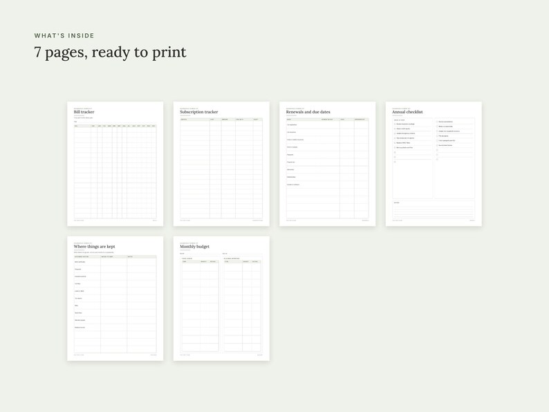Może przedstawiać: Zestaw siedmiu stron do planera do druku z czarnym tekstem na białym papierze. Strony zawierają nagł&oacute;wki: Bill tracker, Subscription tracker, Renewals and due dates, Annual checklist, Where things are kept oraz Monthly budget.