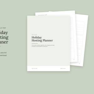 May include: A printable PDF Holiday Hosting Planner consisting of 10 pages in US Letter and A4 sizes. The cover page features the text Holiday Hosting Planner with a four-week countdown, guest list, menu, shopping, and a day-of checklist.