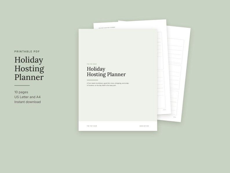 May include: A printable PDF Holiday Hosting Planner consisting of 10 pages in US Letter and A4 sizes. The cover page features the text Holiday Hosting Planner with a four-week countdown, guest list, menu, shopping, and a day-of checklist.
