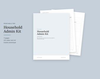 Może przedstawiać: Zestaw administracyjny do domu w formacie PDF do druku, zawierający siedem stron szablonów organizacyjnych. Strona tytułowa zawiera napis Household Admin Kit oraz podtytuł dotyczący rachunków, sformatowany dla papieru US Letter i A4.