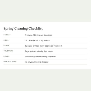 May include: A Spring Cleaning Checklist document featuring text details: Format: Printable PDF, instant download; Sizes: US Letter (8.5 x 11 in) and A4; Pages: 8 pages; Colorway: Sage, printer-friendly light tones; Bonus: Free Sunday Reset weekly checklist.