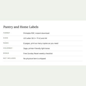 May include: A digital information card titled Pantry and Home Labels. It lists specifications including format as a printable PDF, sizes in US Letter 8.5 x 11 inches and A4, 8 pages, sage printer-friendly light tones, and a Sunday Reset checklist.