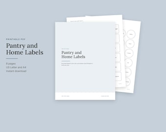 May include: A set of printable PDF Pantry and Home Labels featuring 8 pages of designs. The document includes text stating Pantry and Home Labels, US Letter and A4, and 80 pre-printed labels for jars, bins, and shelves, plus 30 blanks.