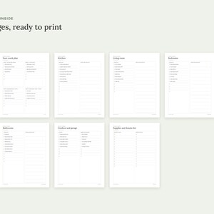 May include: A set of eight printable pages featuring checklists for home organization. The text includes "WHAT'S INSIDE", "8 pages, ready to print", and headers for Four-week plan, Kitchen, Living room, Bedrooms, Bathrooms, Outdoor and garage, and Supplies.