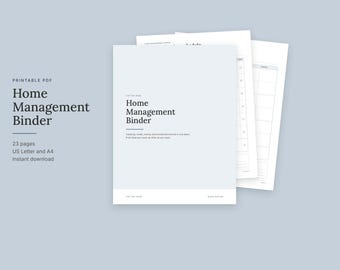 Może przedstawiać: Drukarka PDF z segregatorami do zarządzania domem, zawierająca 23 strony w formatach US Letter i A4. Strona tytułowa zawiera tekst Home Management Binder, a kolejne strony pokazują układy siatek do organizowania dokumentacji domowej.