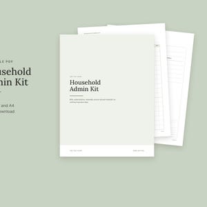 Może przedstawiać: Zestaw administracyjny do domu w formacie PDF do druku, składający się z siedmiu stron. Na stronie tytułowej znajduje się tekst Household Admin Kit, Bills, subscriptions, renewals, and an annual checklist, so nothing important slips, oraz The Edit Room.