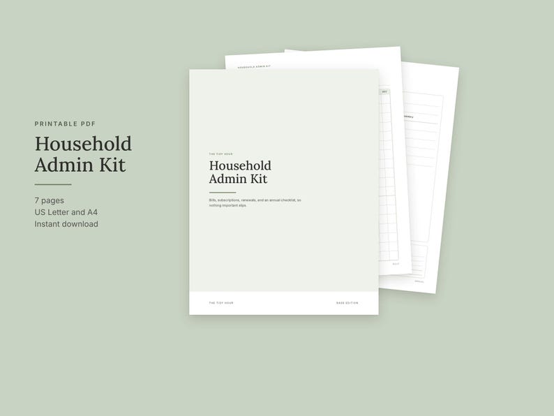 Może przedstawiać: Zestaw administracyjny do domu w formacie PDF do druku, składający się z siedmiu stron. Na stronie tytułowej znajduje się tekst Household Admin Kit, Bills, subscriptions, renewals, and an annual checklist, so nothing important slips, oraz The Edit Room.