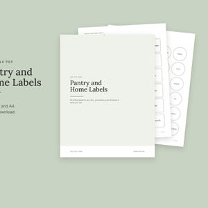 May include: A set of printable PDF pantry and home labels featuring eight pages of designs. The document includes rectangular and circular label templates with the text Pantry and Home Labels, US Letter and A4 size compatibility.