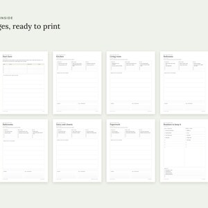 May include: A set of nine printable pages featuring organized checklists and tables for home management. The text includes headings such as Start here, Kitchen, Living room, Bedrooms, Bathroom, Entry and closets, Paperwork, and Routines to keep it.