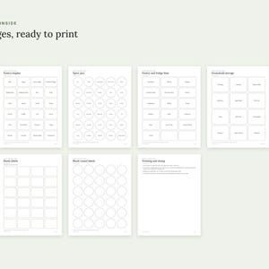May include: Eight pages of printable labels featuring various rectangular and circular outlines for pantry staples, spice jars, and household storage. The document includes blank label templates and instructions for printing and sizing.